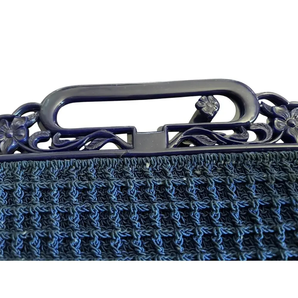 Vintage Blue Crochet Handbag with Floral Frame – Mid Century Top Handle Purse